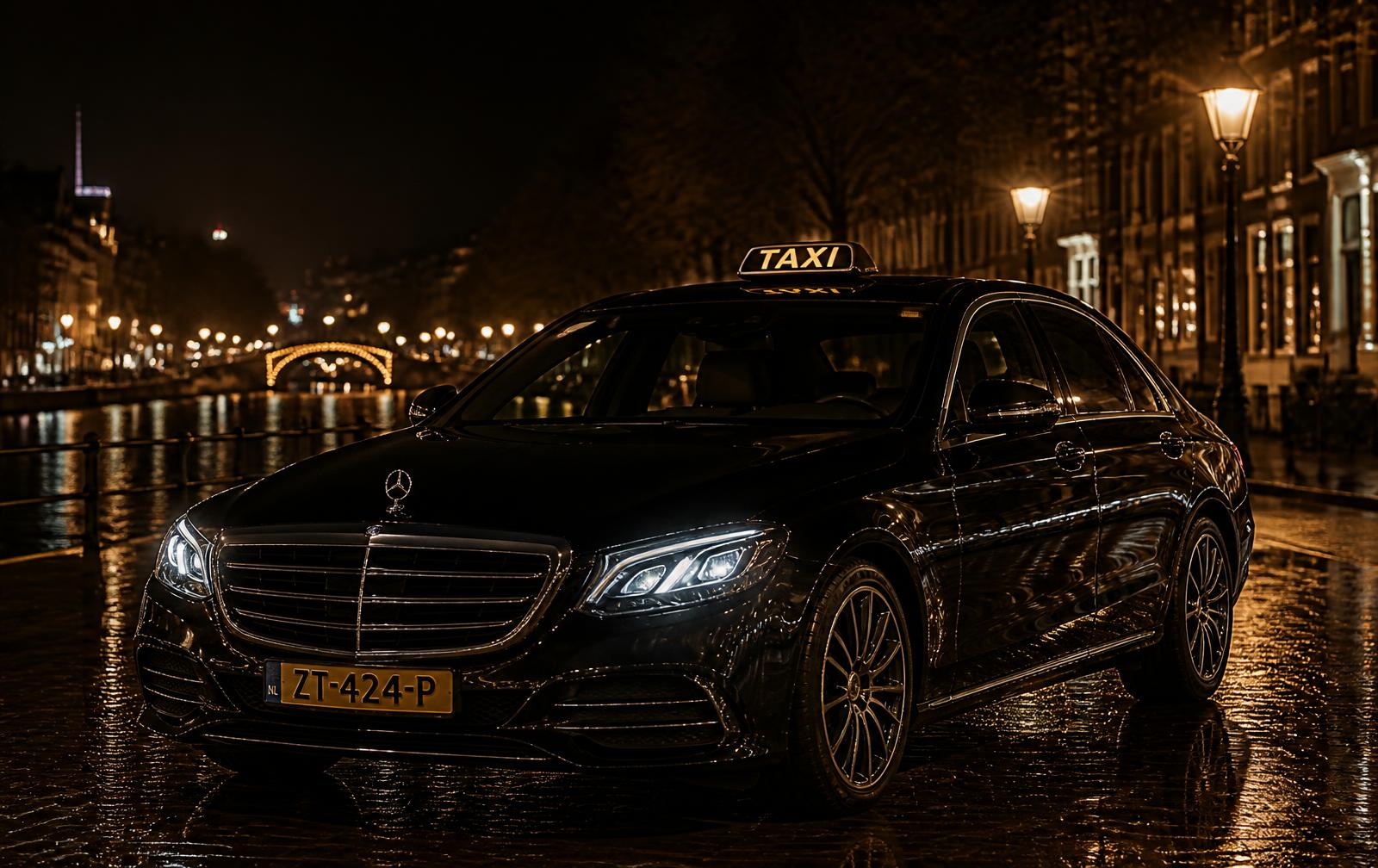 Taxi rijdt 's avonds door de stad